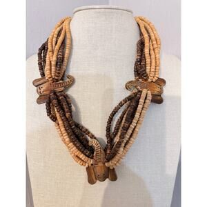 Vintage Brown Wood Link Statement Necklace Oversized Boho Chunky